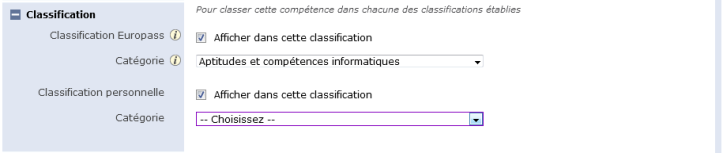 Sélection des classifications pour cette compétence Sélection des classifications pour cette compétence