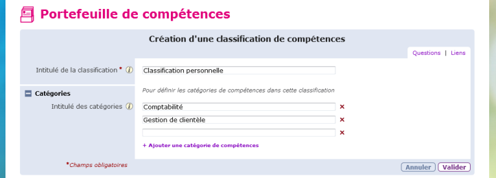 Écran de création d'une classification Écran de création d'une classification