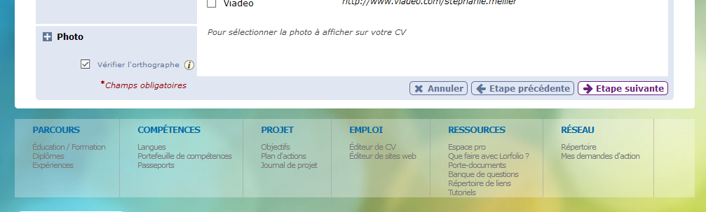 Bas de page d’un CV en cours de création Bas de page d’un CV en cours de création