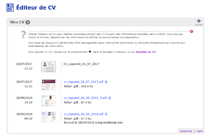 Écran de l’éditeur de CV, après avoir généré des CV Écran de l’éditeur de CV, après avoir généré des CV