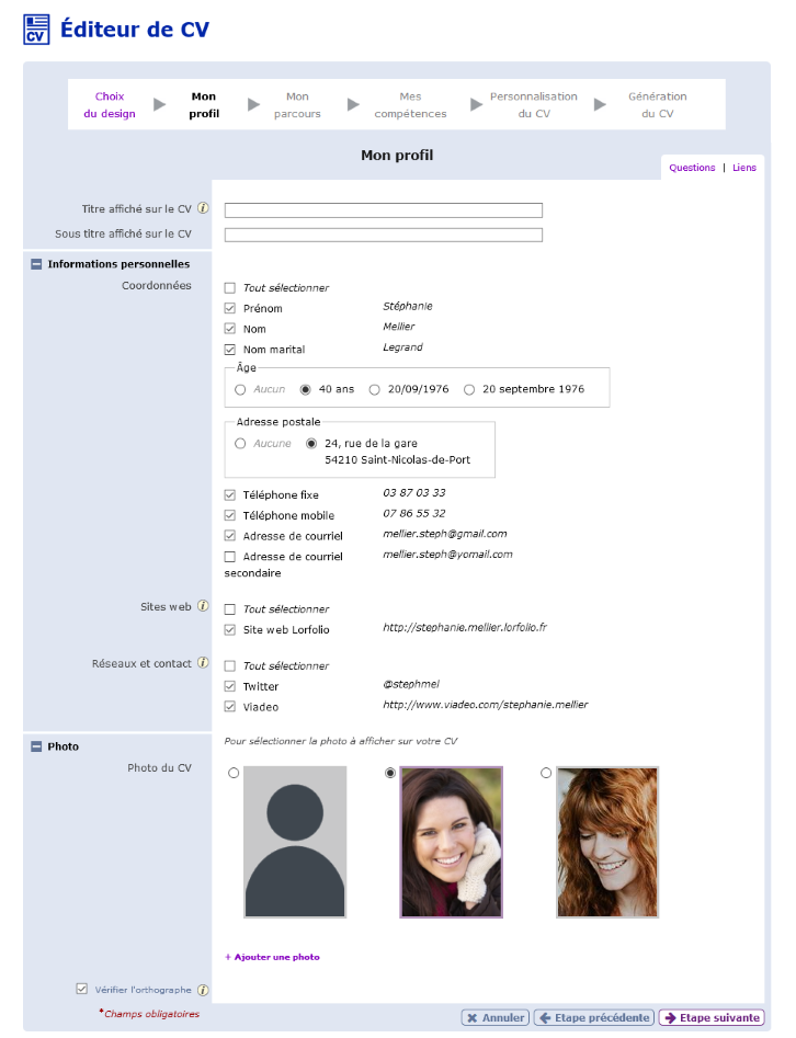 Etape « Editeur de CV »