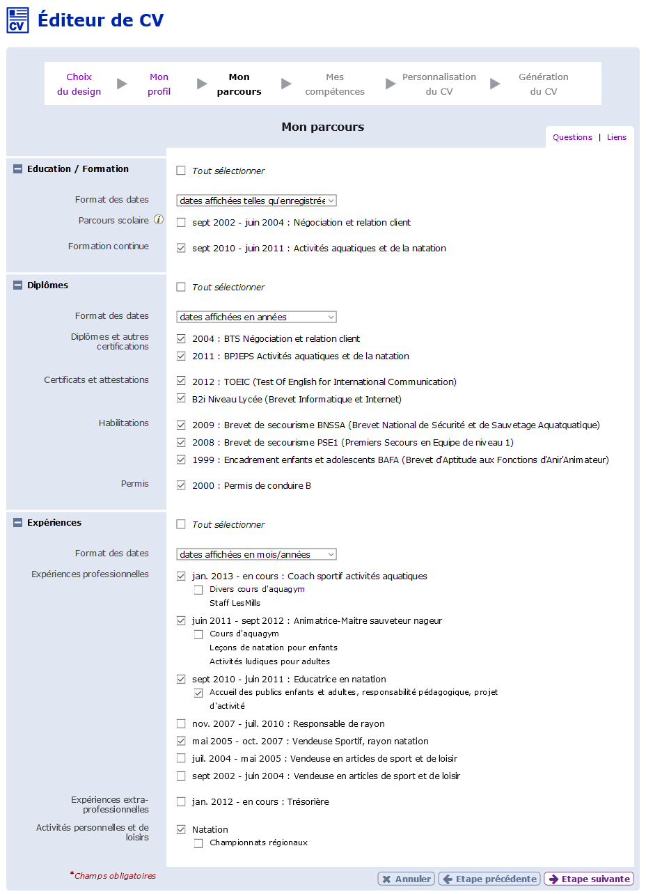 Etape « Mon parcours »