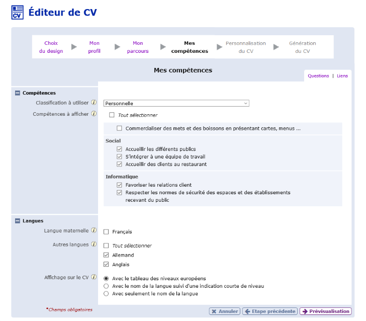 Etape « Mes compétences »
