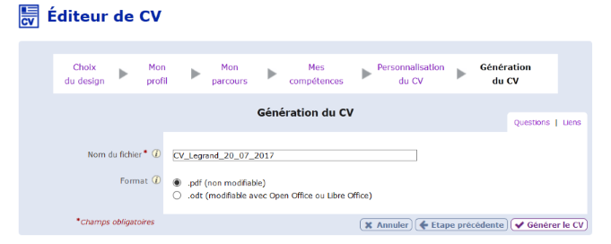 Etape « Génération du CV »